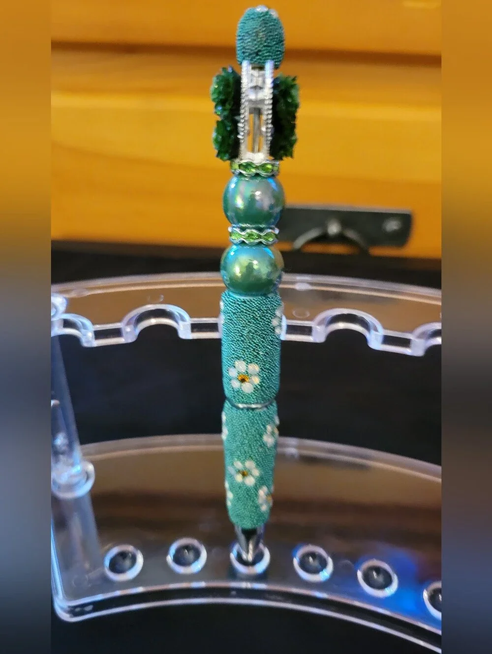 Teal Green Decorative Beaded Pen with Floral Accents